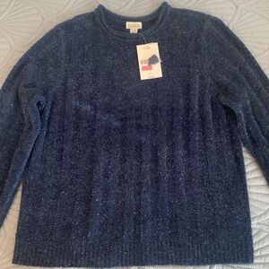 Women’s holiday fuzzy dark blue pull over with silver metallic thread with tags